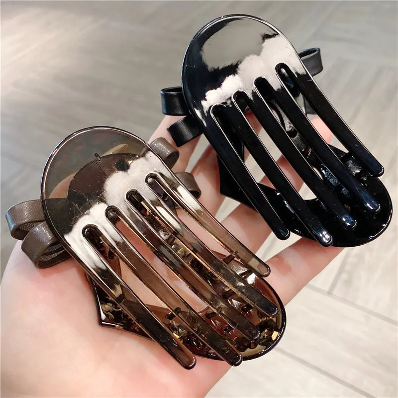 Elegant Black Leather Hairpin With Butterfly Knot Shiny Rhinestone Heart Shaped Hair Accessory Woven Leather For Back Of Head Bun