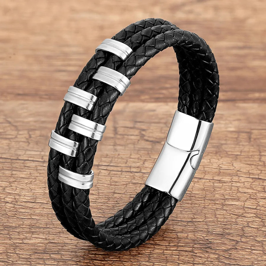 punk streetwear rectangle stainless steel pu leather men's bracelets
