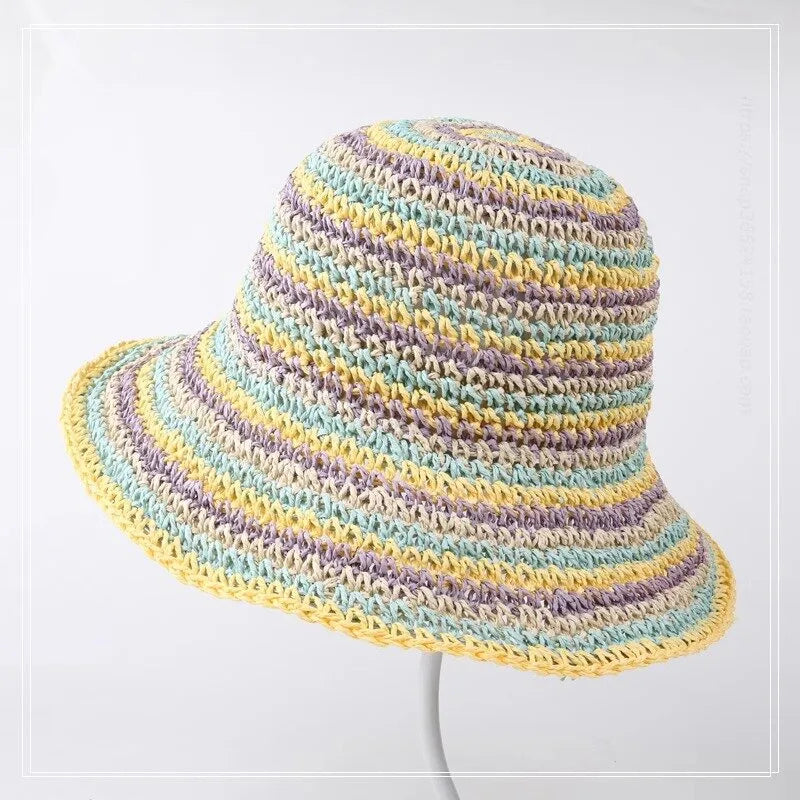 Women's Sweet Simple Style Color Block Wide Eaves Bucket Hat Straw Hat