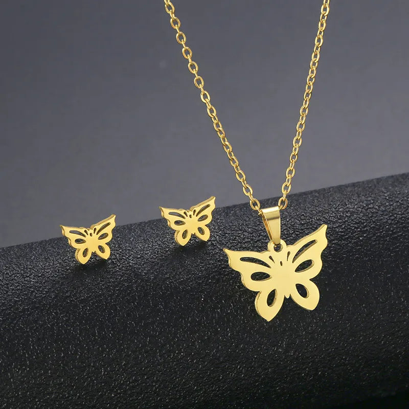 Wholesale Jewelry IG Style Casual Streetwear Moon Hand Of Fatima Butterfly 201 Stainless Steel cable chain Small Stud Earrings Necklace