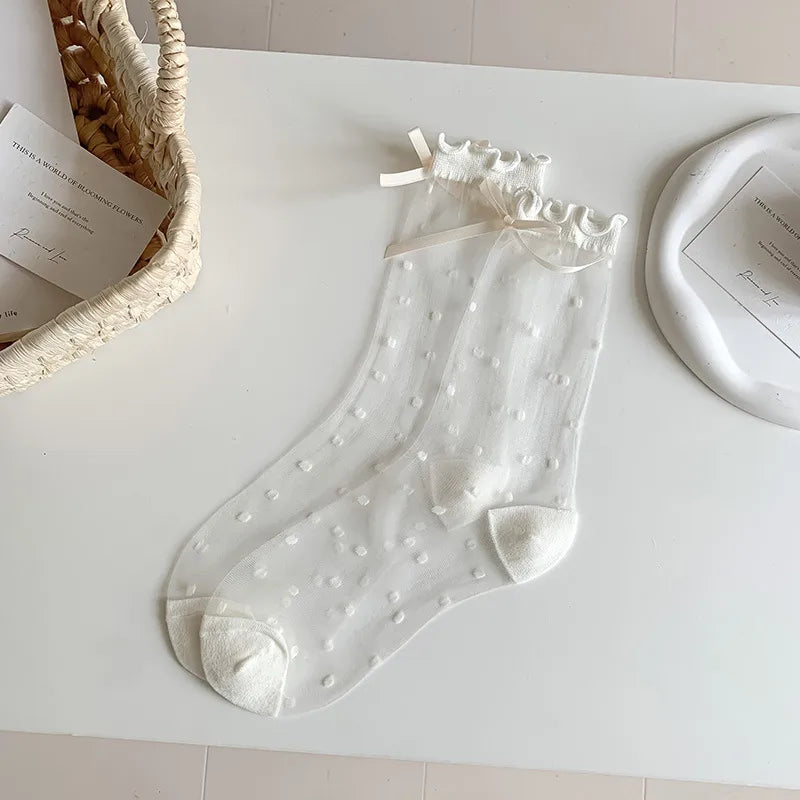 A Pair Cute Modern Style Women's Polka Dots Bow Knot Nylon Crew Socks