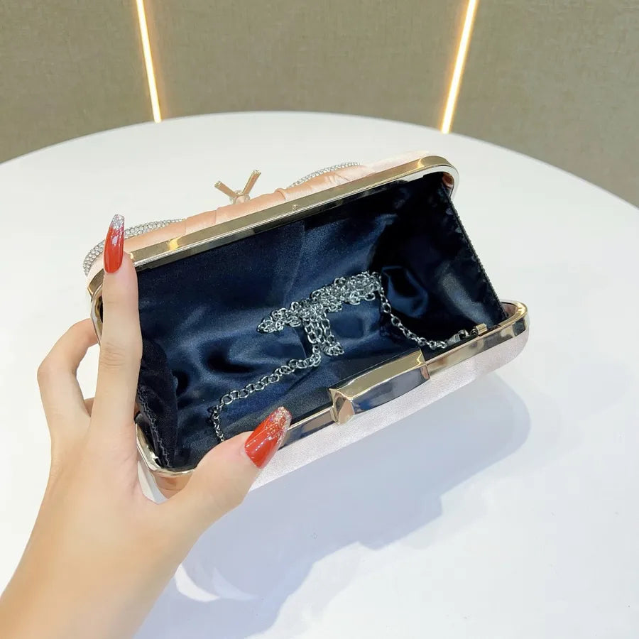 Elegant Diamond Butterfly Knot Clutch Bag Shoulder Crossbody Bag For Women Party Dinner Bag Silk Square Handbag Fashionable
