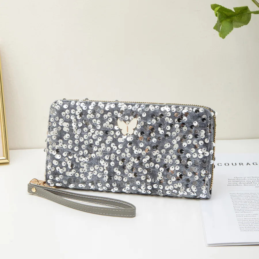 Ladies Glitter Clutch Bag Simple Butterfly Decoration Long Wallet Coin Purse Fashionable Elegant Square Shape Sparkling Bag