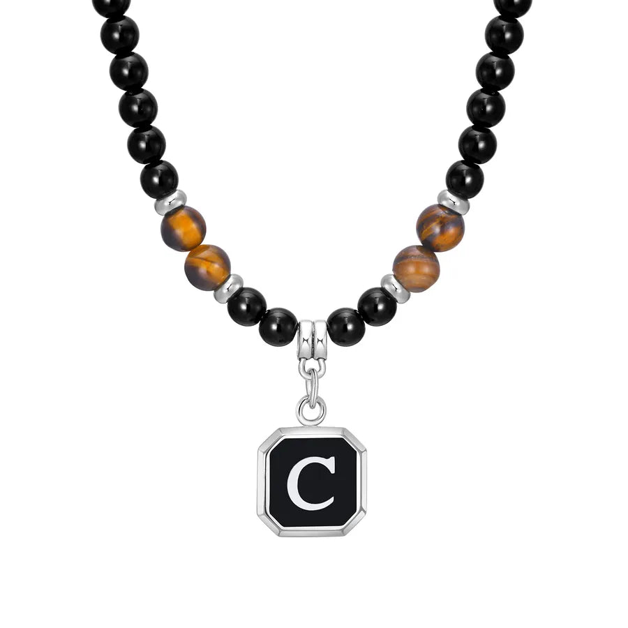 Simple Style Letter 304 Stainless Steel Arylic Tiger Eye Beaded Handmade Inlay Tiger Eye Men's Pendant Necklace