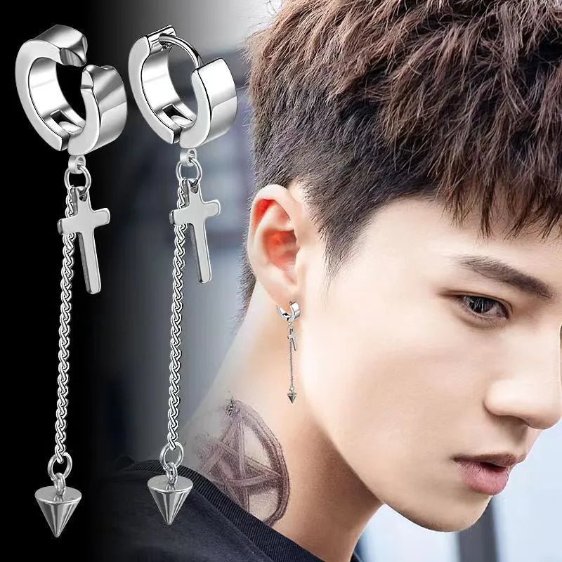 Titanium steel earrings men's ear clip no hole no pierced female trendy men hip hop street tassel chain in stock long earrings