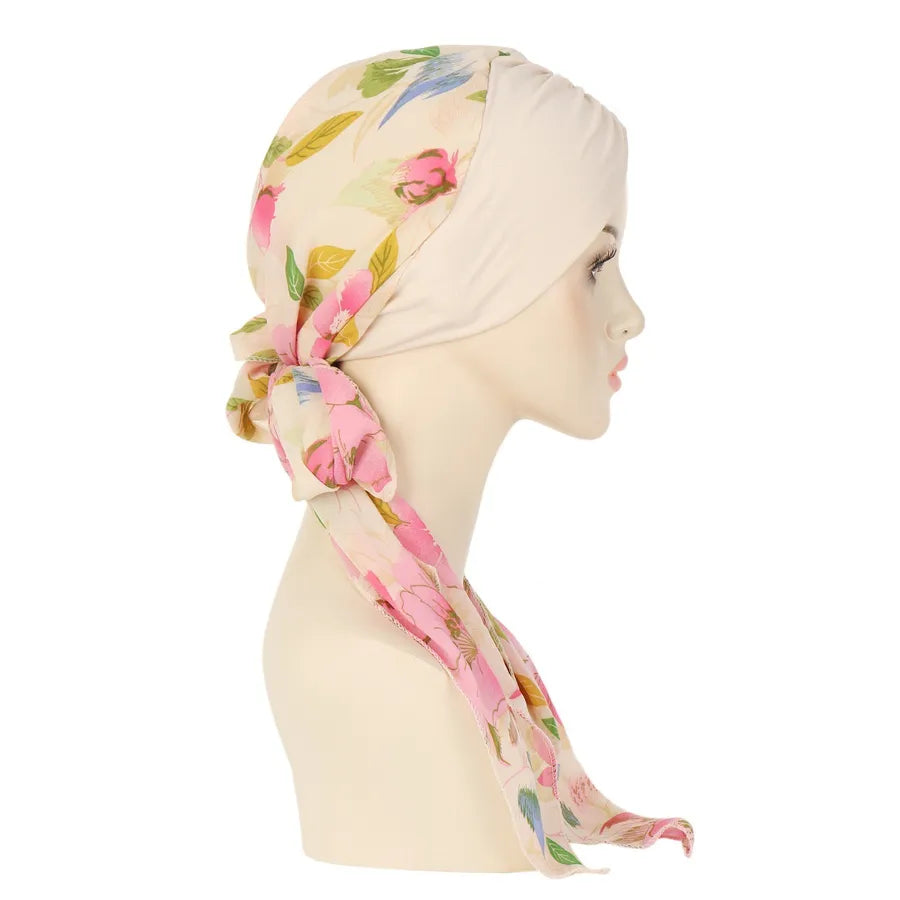 Fashionable Floral Print Chiffon Long Tail Headscarf Hat Women's Head Wrap Cap Winter Summer Spring Seasonal All-Match Hat