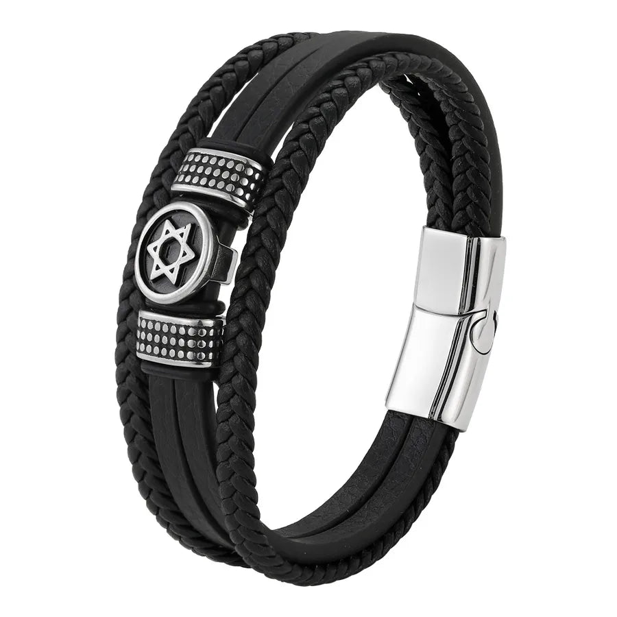 Retro Hexagram Geometric Pu Leather Titanium Steel Woven Chain Wrap Bracelets Wholesale