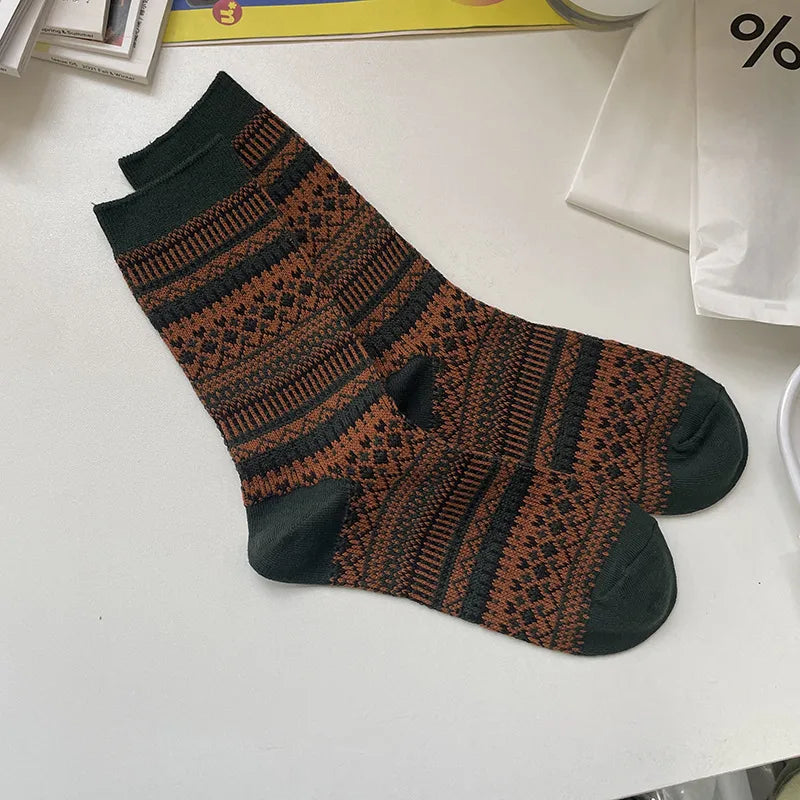 unisex retro ethnic style geometric cotton crew socks a pair