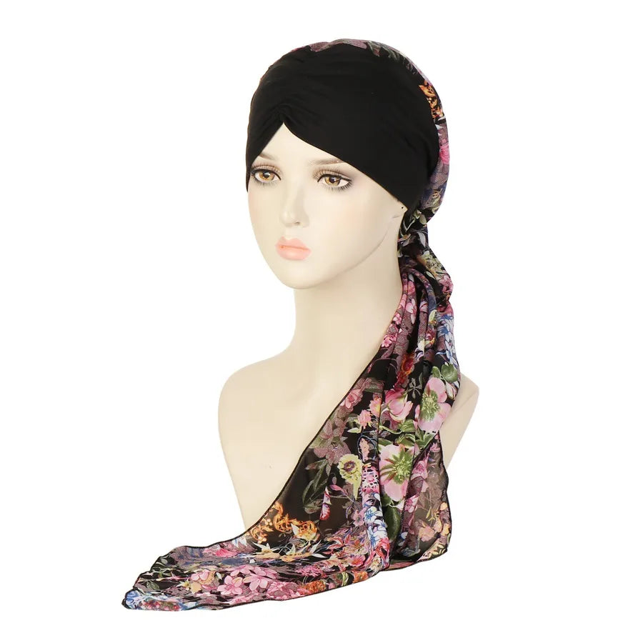 Fashionable Floral Print Chiffon Long Tail Headscarf Hat Women's Head Wrap Cap Winter Summer Spring Seasonal All-Match Hat