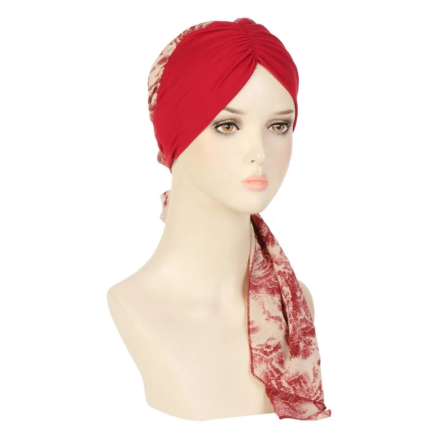 Fashionable Floral Print Chiffon Long Tail Headscarf Hat Women's Head Wrap Cap Winter Summer Spring Seasonal All-Match Hat