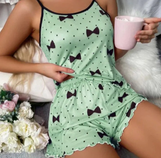 Summer  Casual Sexy Small Sling Love Printed Shorts Two-piece Home Clothes for Women