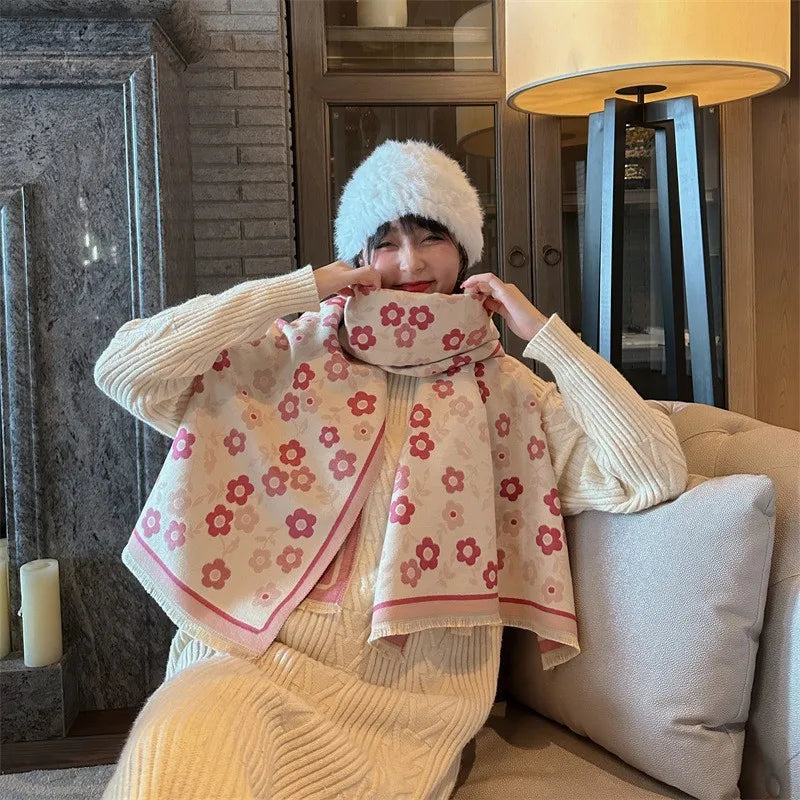 women's retro color block imitation cashmere printing scarf