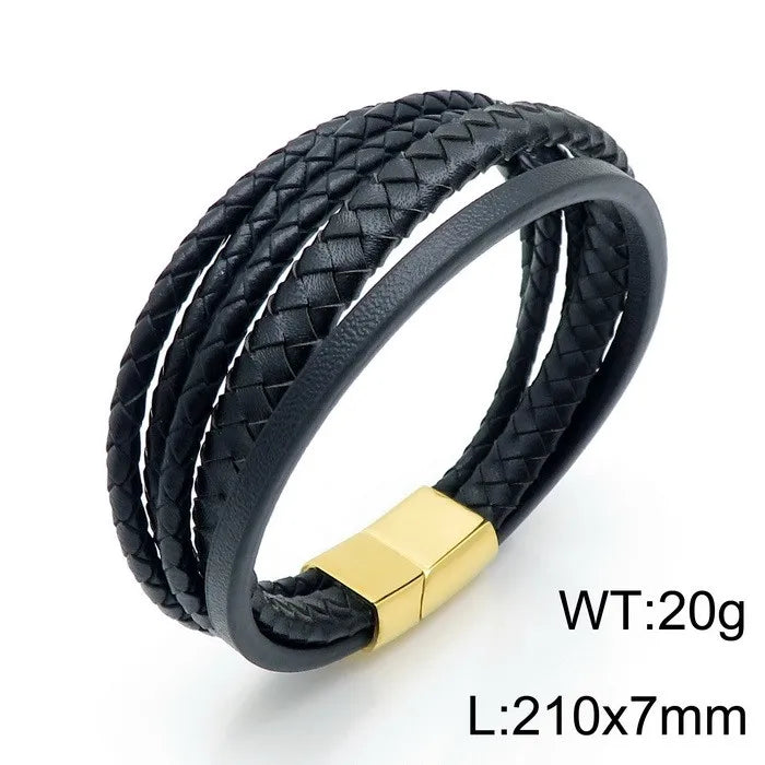 punk classic style streetwear geometric stainless steel pu leather men's bangle