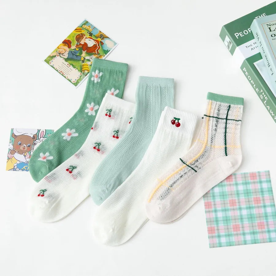 5 Pairs Cute Modern Style Women's Cherry Flower Cotton Crew Socks