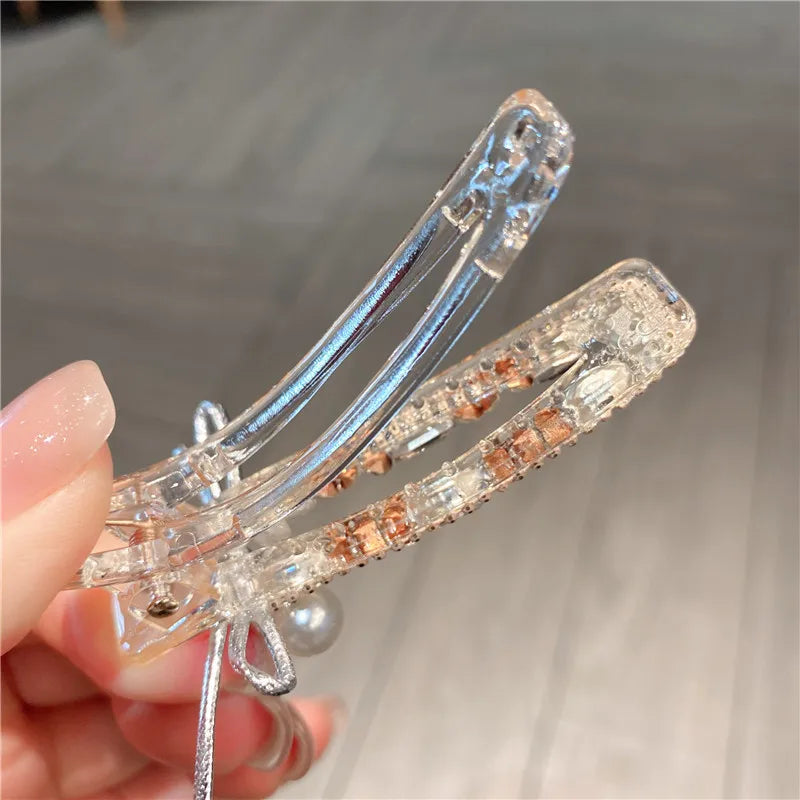 New Elegant Zircon Diamond Hair Clip High-End Silver Butterfly Knot Pearl Rhinestone Edge Duckbill Hair Clip Women's Headwear