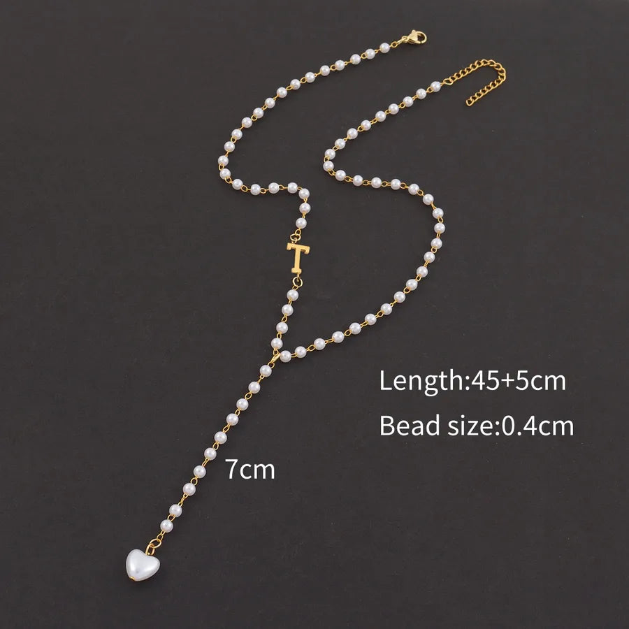 Casual Simple Style Classic Style letter Heart Shape 304 Stainless Steel Artificial Pearl Beaded Chain Y-necklaces Wholesale