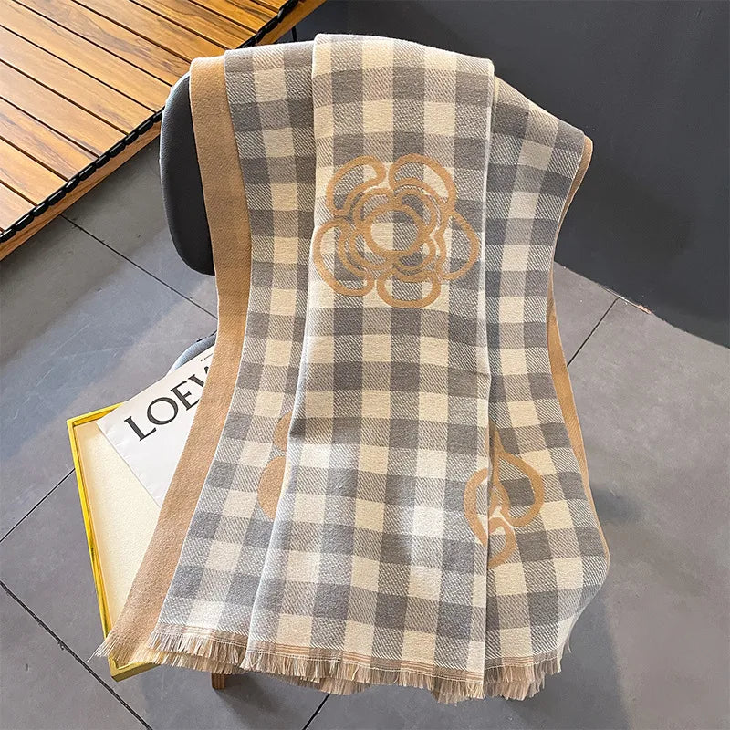 women's lady classic style plaid flower imitation cashmere scarf