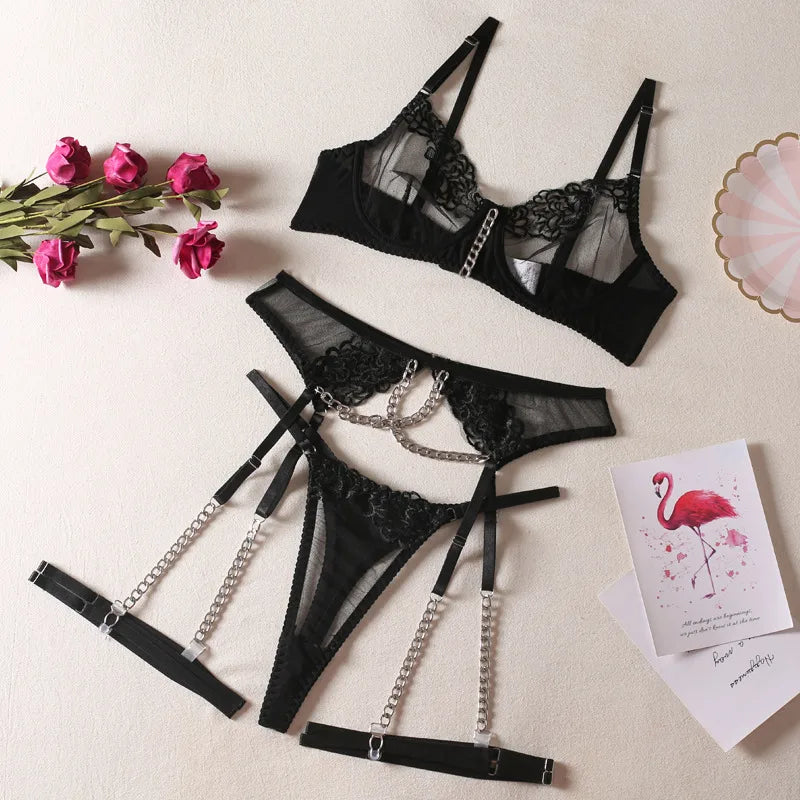 women's sexy solid color flower sexy lingerie sets party chain sheer bra low waist thong sexy lingerie
