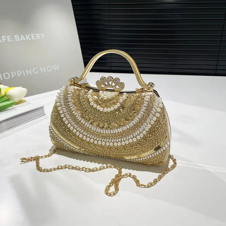 Summer New Beaded Metal Handbag Evening Bag Elegant Bride Clutch Box Bag Fashionable Ladies Chain Shoulder Crossbody Bag