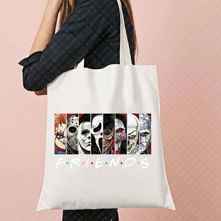 Scary Cat Halloween Pumpkin Pattern Canvas Tote Bag Reusable Shopping Bag Large Square Shape Double Shoulder Strap Tote Bag