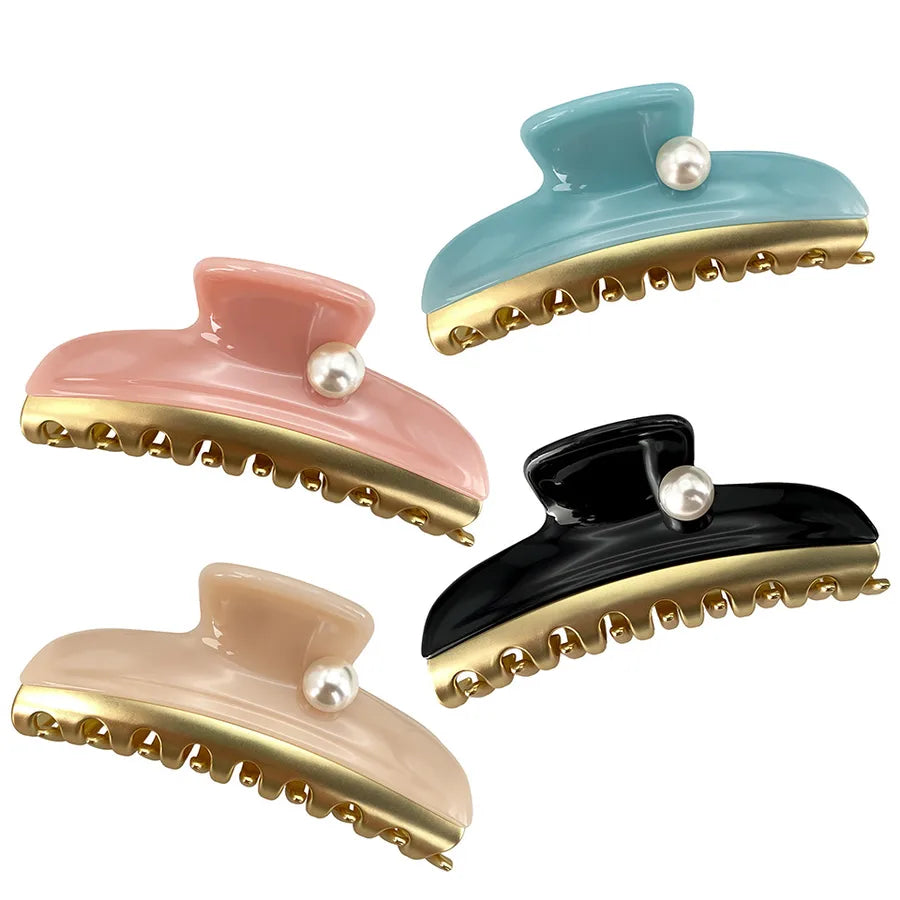 Dopamine Color Block Pearl Spring Clip Acetate Hair Grips Women Shark Clips Versatile Hair Accessories Casual Style