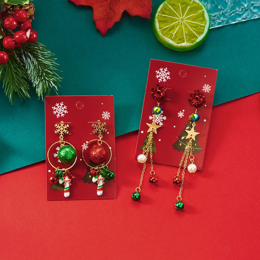 Christmas Red Green Snowman Bell Colorful Tassel Earrings Women Creative Simple Alloy Cartoon Character Ear Jewelry Accessories