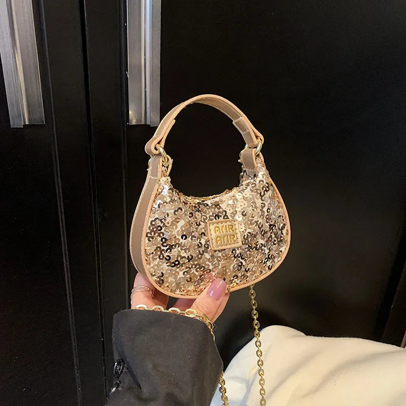 Women's Sequin Pu Leather Solid Color Streetwear Sewing Thread Oval Zipper Handbag Crossbody Bag