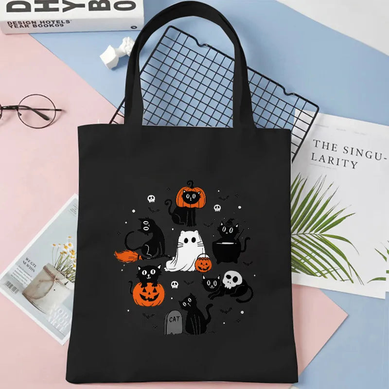 Cute Cat Halloween Party Bag Women Ghost Canvas Tote Bag Harajuku Fashion Shopping Bag Square Shape Large Size Retro Print