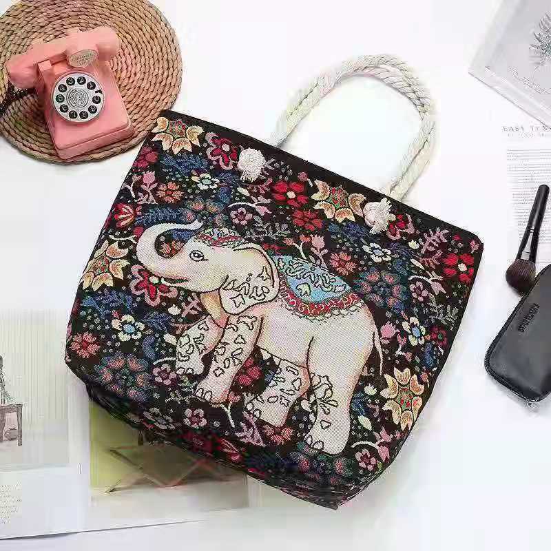 Women's Large Canvas Animal Cartoon Vacation Ethnic Style Bucket Zipper Tote Bag