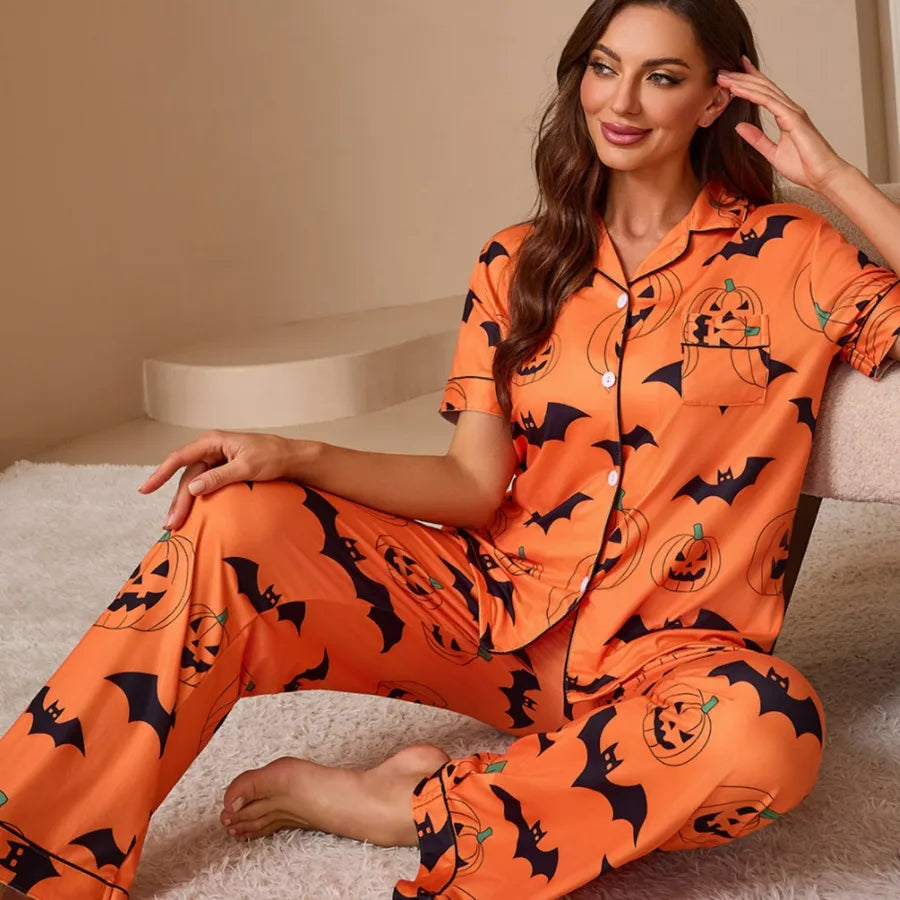 European Style Halloween Print Sleepwear Set Women's Short Sleeve Shirt And Long Pants Home Clothes Fashionable And Comfortable