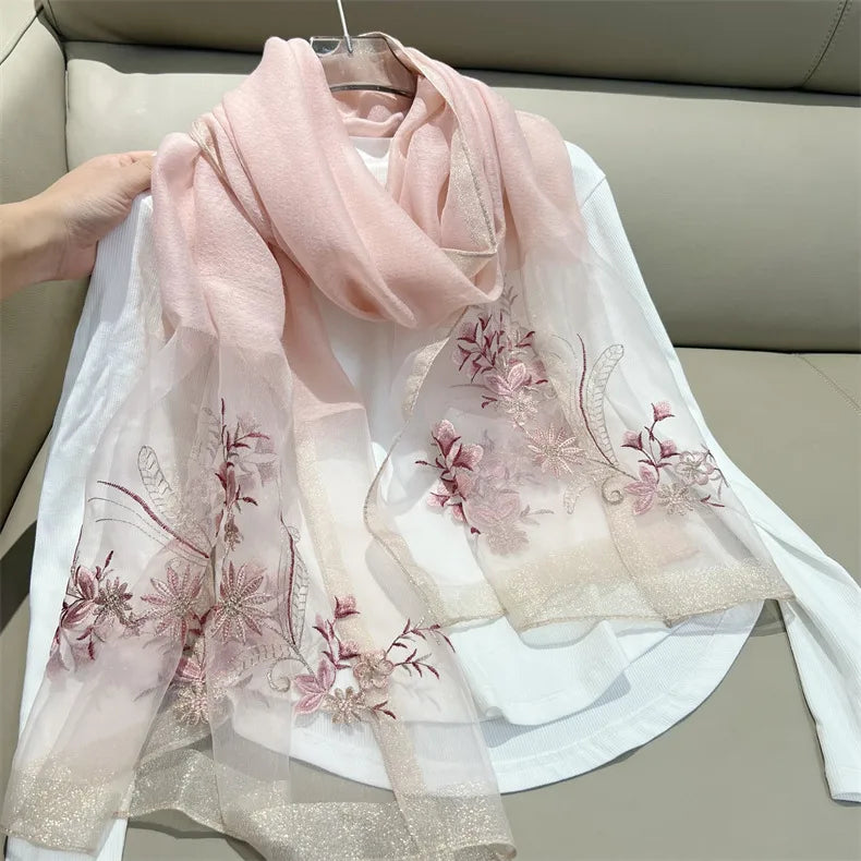 women's elegant flower polyester embroidery silk scarf