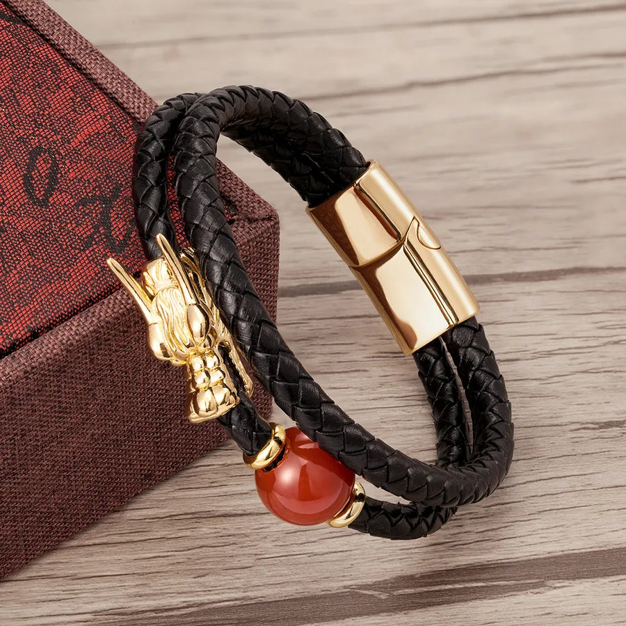chinoiserie casual retro round dragon stone metal handmade metal button men's bracelets