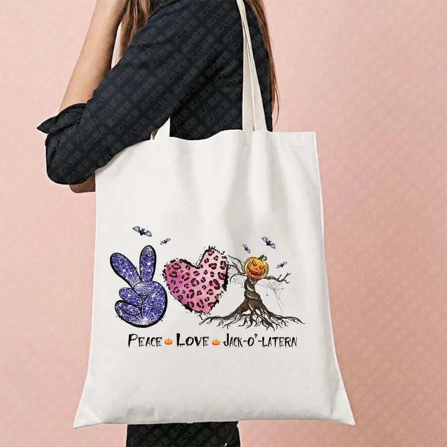 Halloween Witch Pattern Canvas Tote Bag Reusable Shopping Bag For Commuting Traveling Women Large Square Fashionable Bag