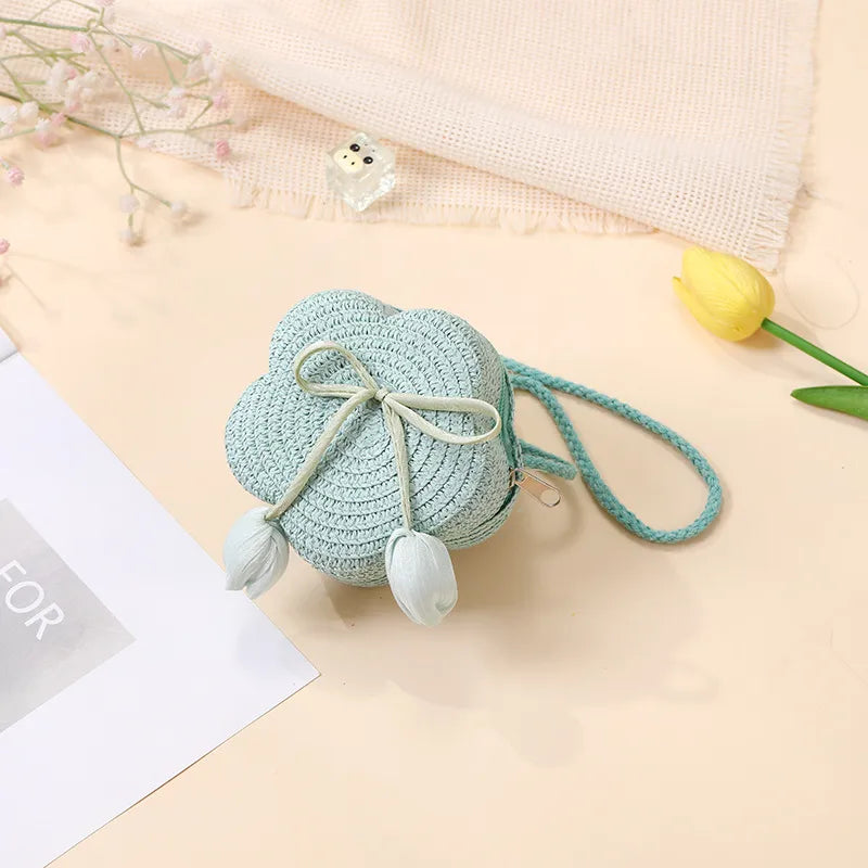 Summer Beach Seaside Tulip Straw Woven Bag  New Children Flower Straw Bag Mobile Phone Crossbody Bag