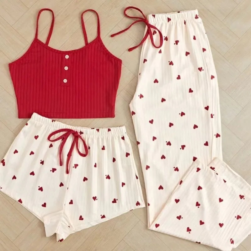 Popular Sexy Ribbed Home Wear Women's Pajamas Waist-Cinching Heart Print 3-Piece Set