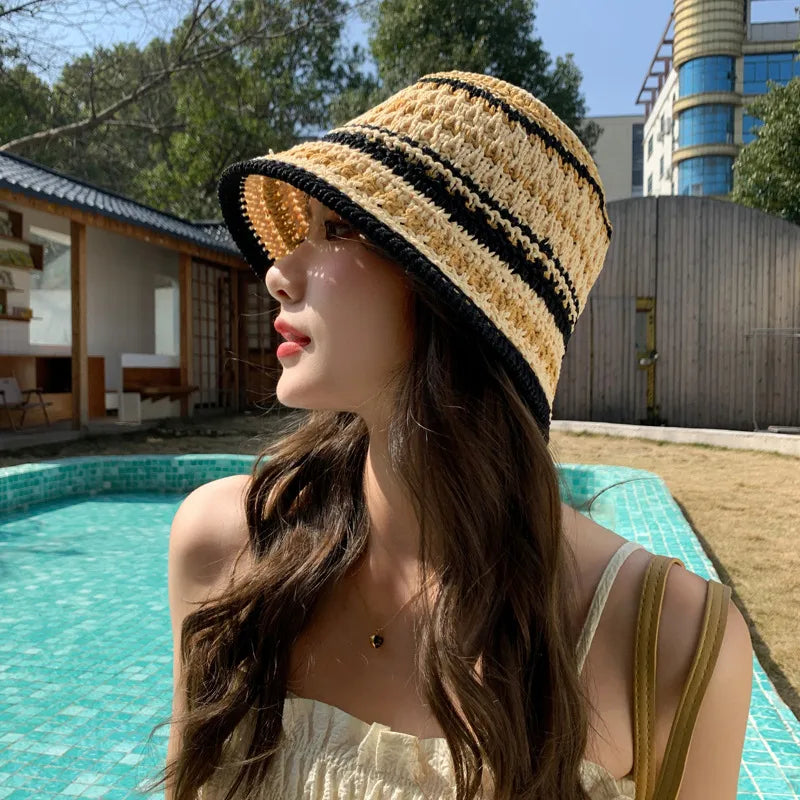 Women's Elegant Stripe Hollow Out Eaveless Bucket Hat