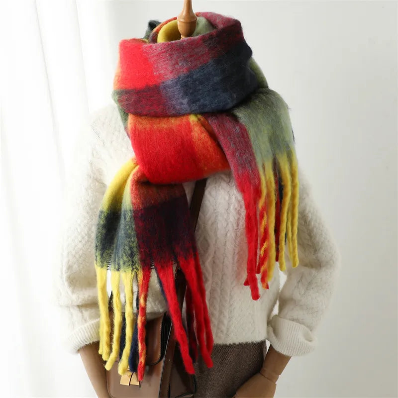 women's casual plaid imitation cashmere tassel scarf