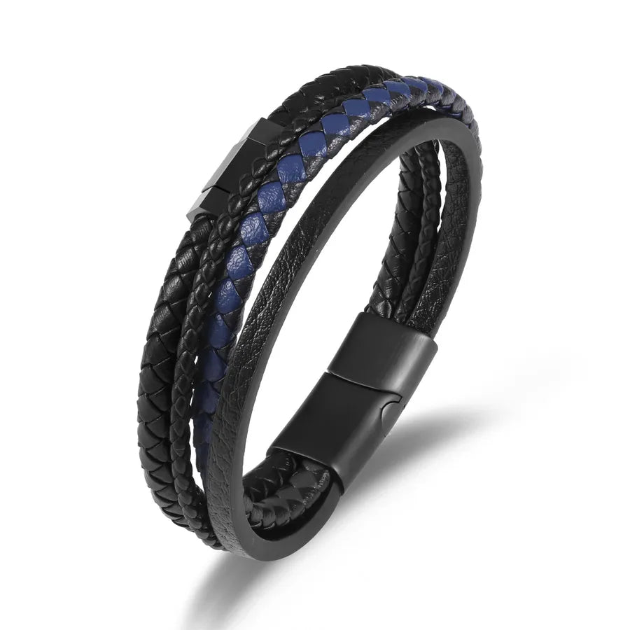 Retro Punk Solid Color 304 Stainless Steel Pu Leather Men's Bangle Men Cord & Leather Bracelets