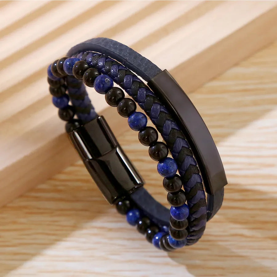 Business Argyle Stainless Steel Pu Leather natural stone Beaded Knitting Men's wristband