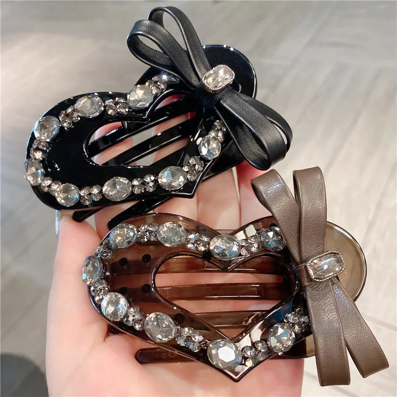 Elegant Black Leather Hairpin With Butterfly Knot Shiny Rhinestone Heart Shaped Hair Accessory Woven Leather For Back Of Head Bun