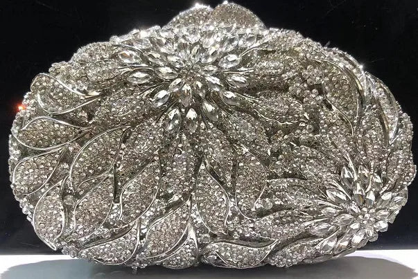 Silver Champagne Rhinestone Metal Leaves Flower Hollow Diamond Oval Evening Bags
