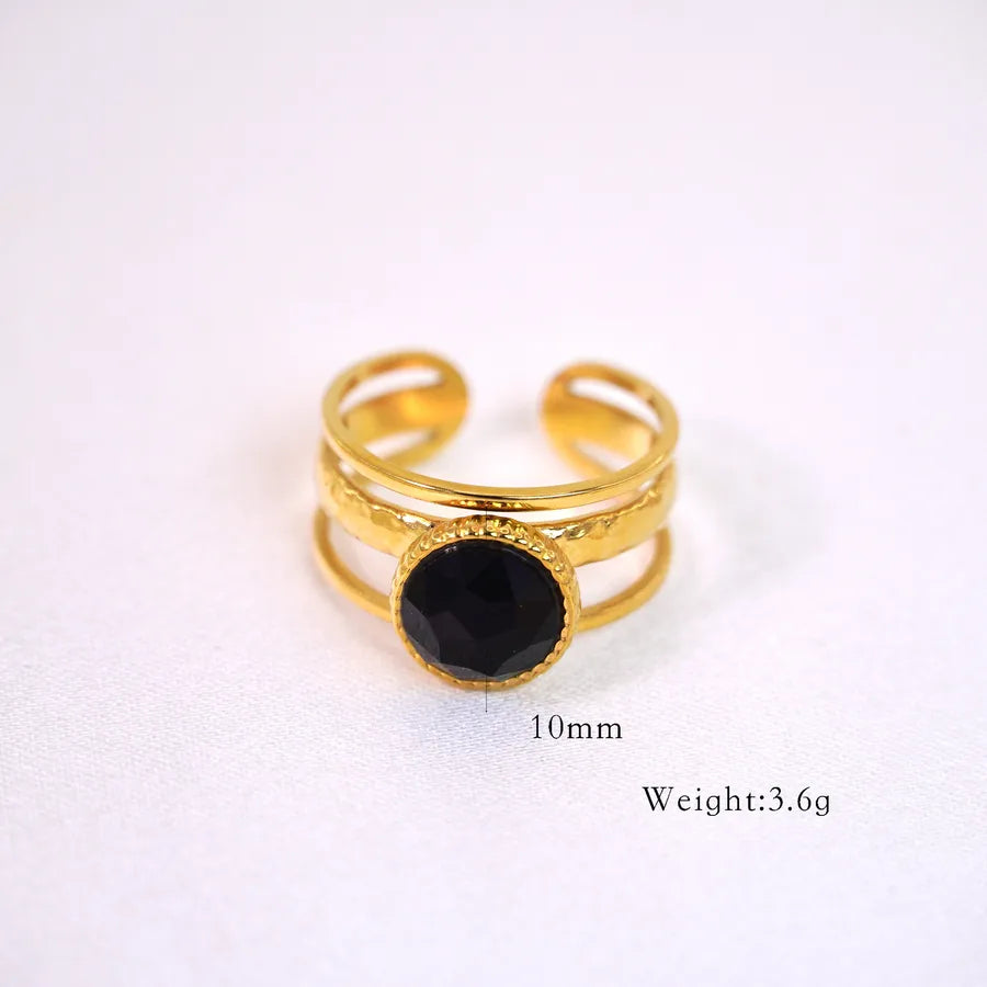 Retro French Style Geometric Titanium Steel 14K Gold Plated Natural Stone Open Rings In Bulk