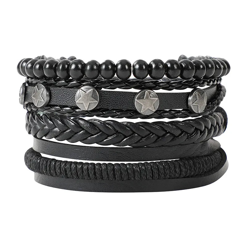 Vintage Style Classic Style Pentagram Letter Maple Leaf Pu Leather Alloy Woven Chain Wrap Bracelets Wholesale