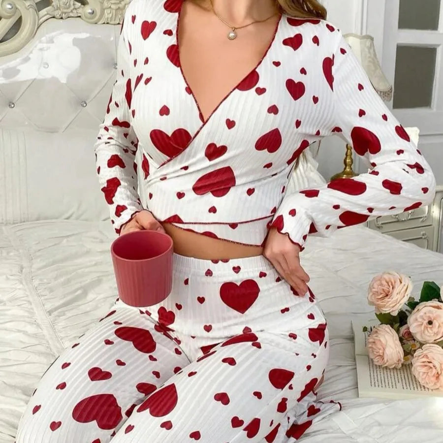 New European Style Home Clothes Set Women's Long Sleeve V-Neck Heart Print Two-Piece Suit Sweet Pure Desire Sleepwear
