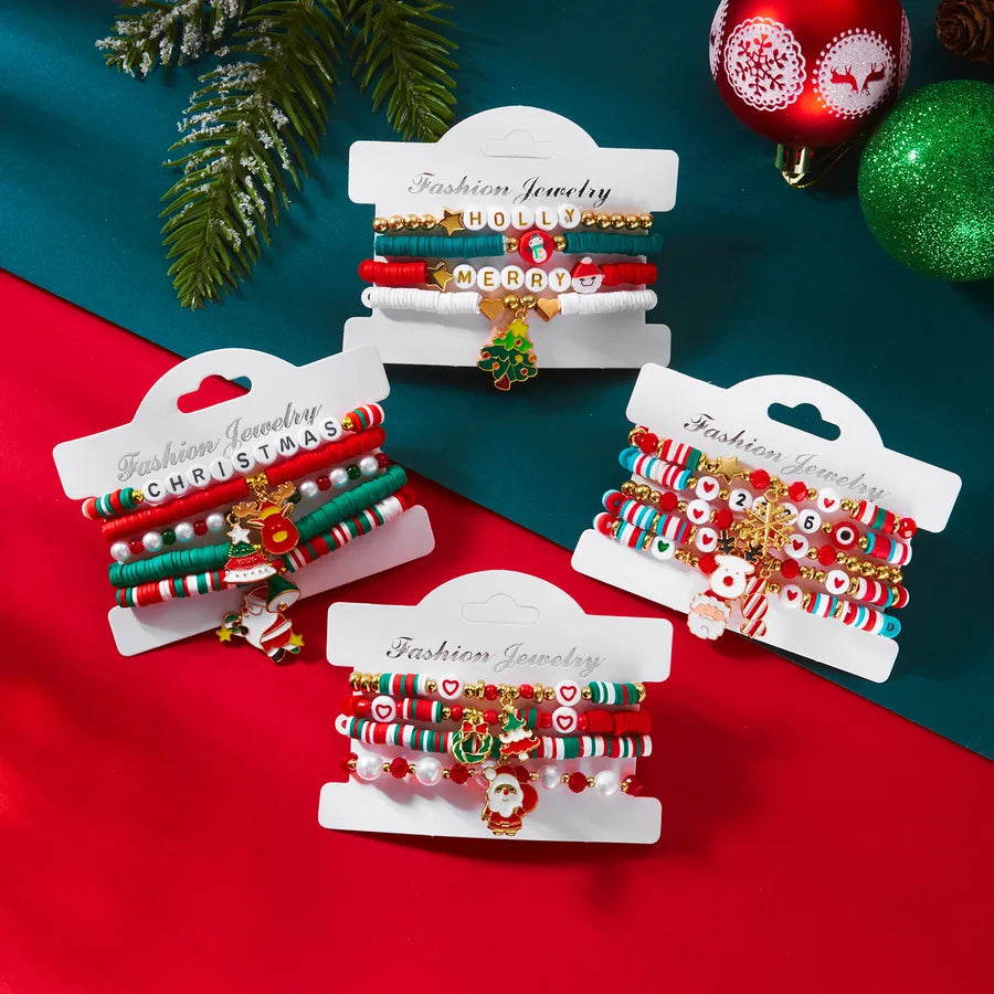Christmas Themed Bracelet Set Snowflake Santa Pendant Elastic Rope Chain Adjustable Clasp Soft Ceramics Alloy Festive Jewelry