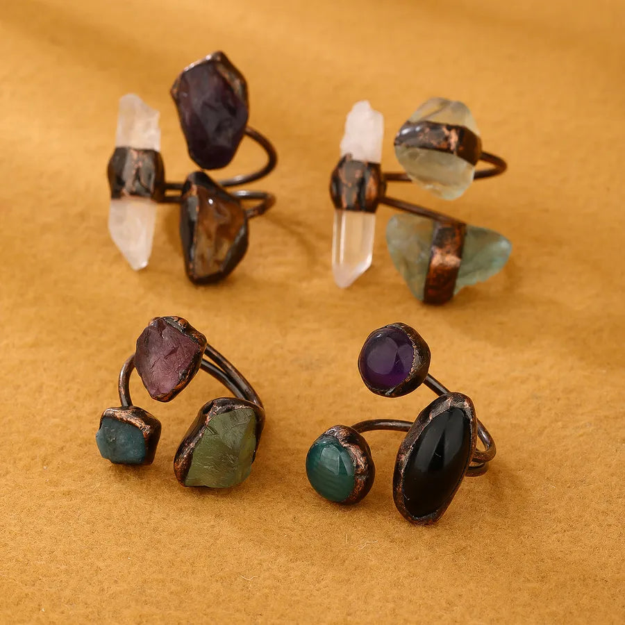 Retro Baroque Style Geometric Copper Natural Stone Crystal Open Rings In Bulk