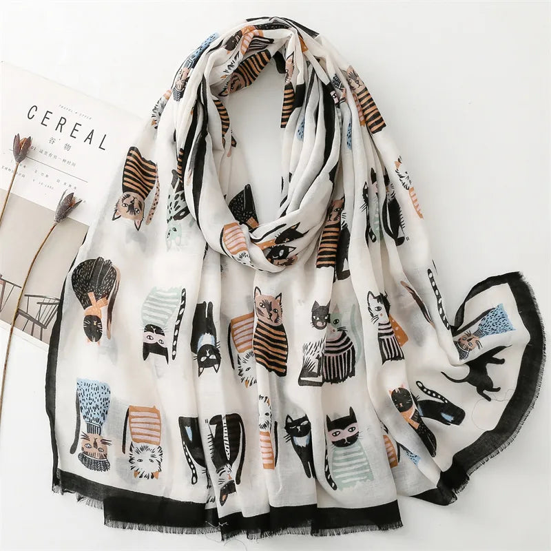 Factory Sales   Live Broadcast Cute Kitten Paradise Printed Silk Scarf Satin Cotton Long Scarf Spring and Autumn Sunscreen Travel Scarf