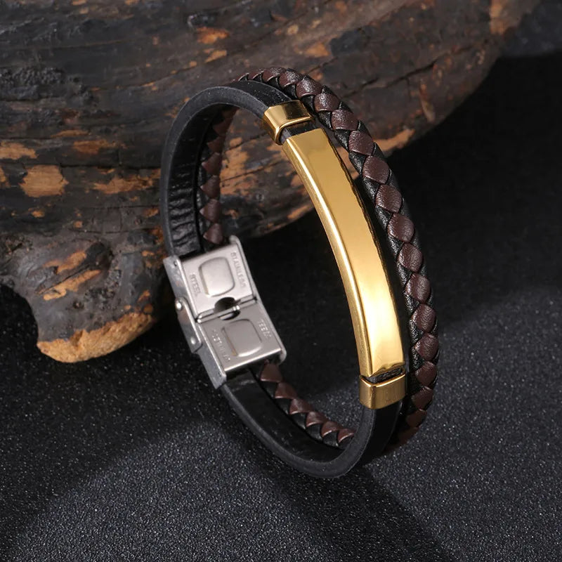 Retro Punk Geometric 304 Stainless Steel Pu Leather Plating Men's Bracelets Men Cord & Leather Bracelets