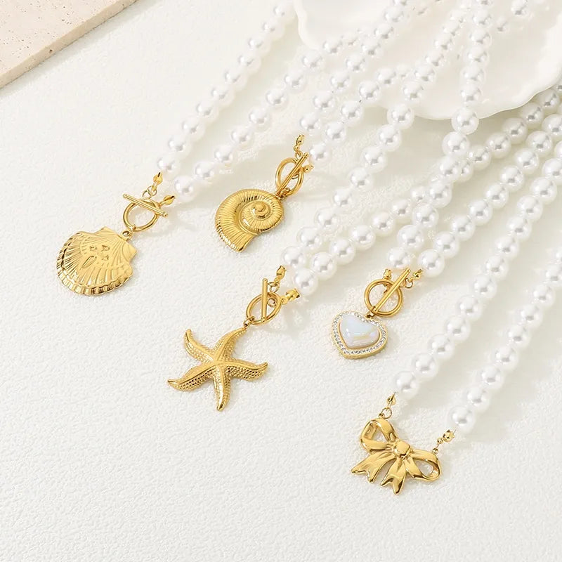 Wholesale Jewelry IG Style Retro New Style Starfish Conch Heart Shape 304 Stainless Steel 18K Gold Plated Beaded Chain Necklace
