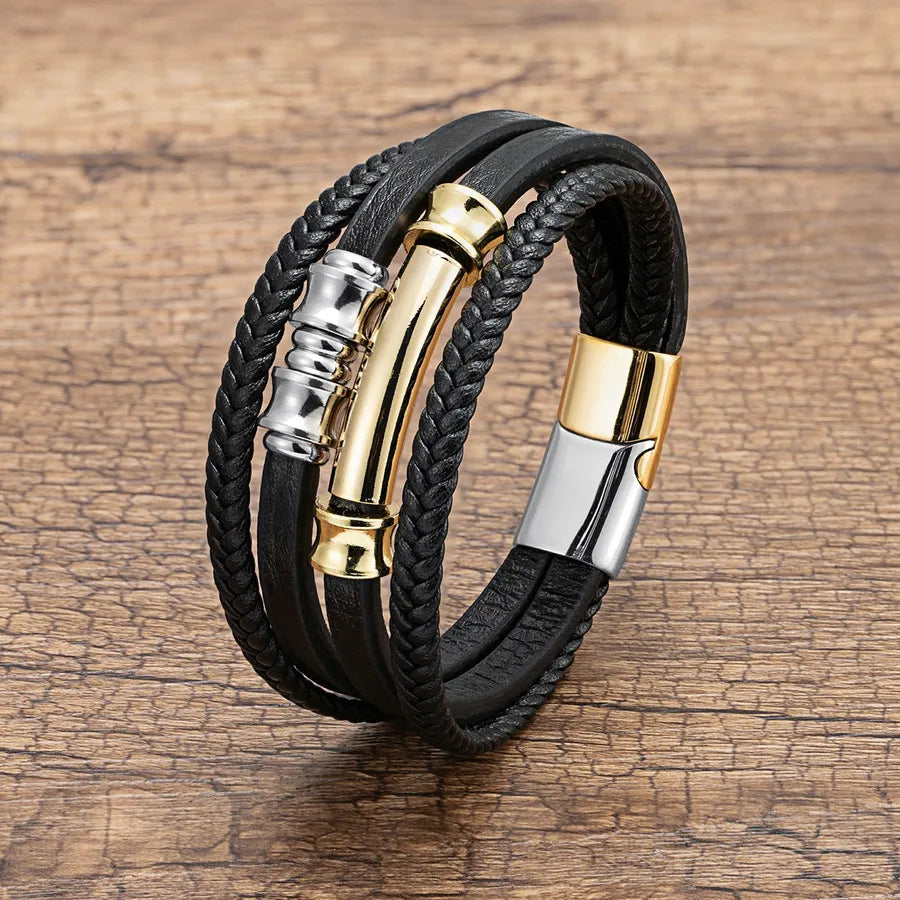 Retro Men's Simplicity Stainless Steel Buckle Leather Cord Bracelet  Fashion Personality Multi-Layer Leather Ornament Bracelet